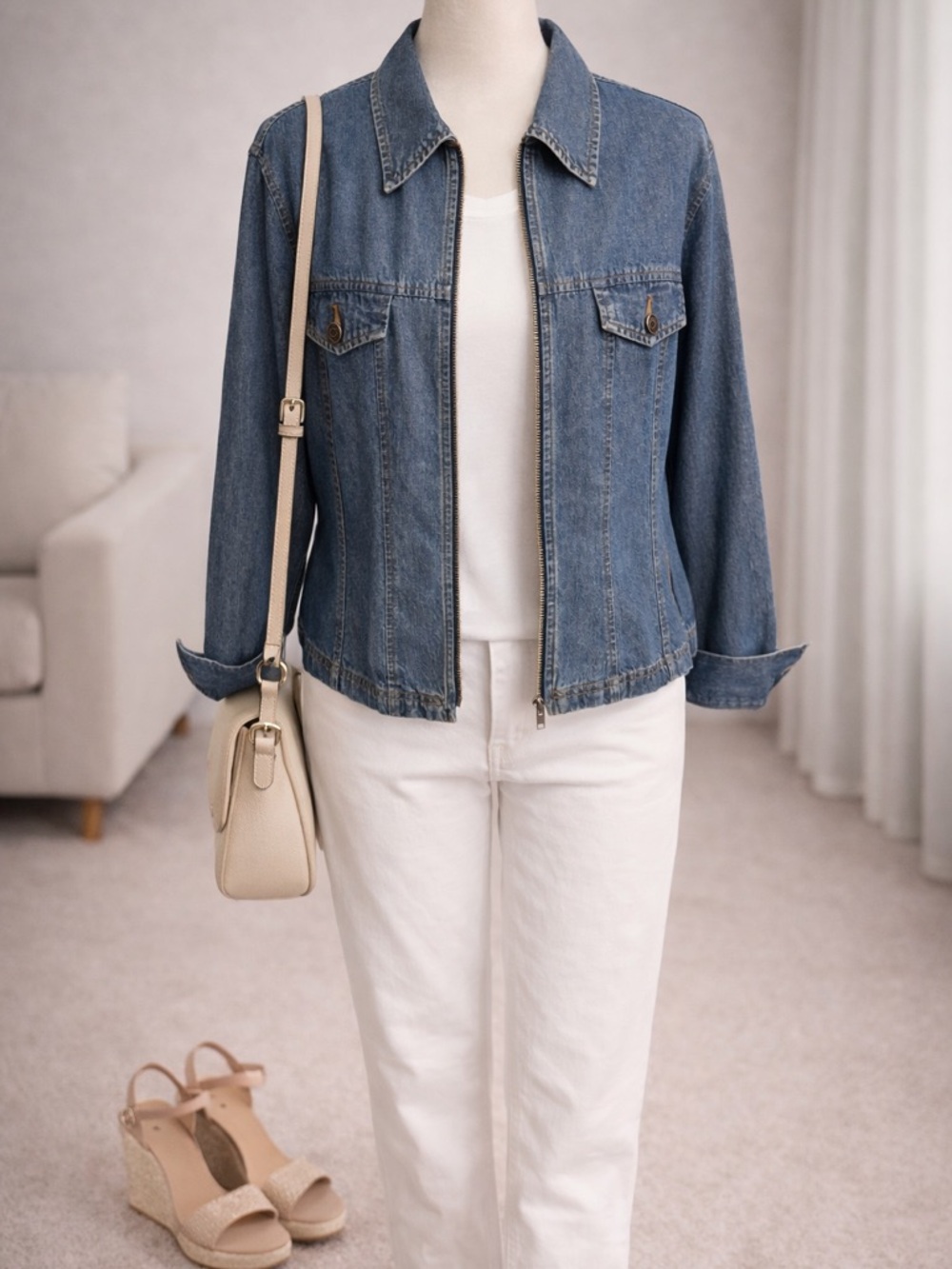 Anne Klein Light Wash Denim Jacket size 12 with Tan Labels
